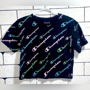 Champion Cropped Logo Black T-Shirt Large (Juniors) Pink/Green/Blue Allover Logo